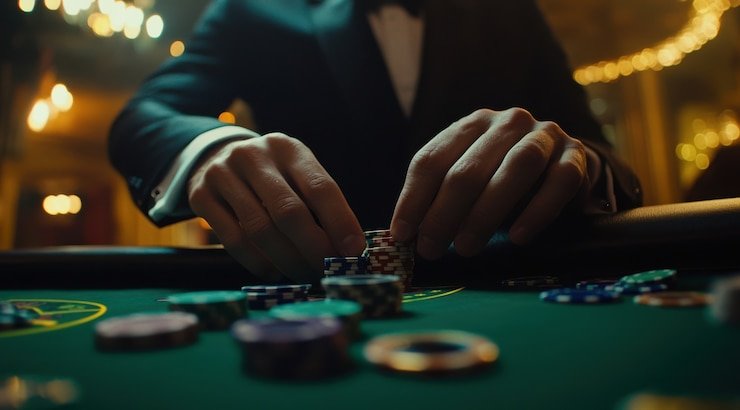 Dealer profesional melayani meja blackjack di studio koboy slot